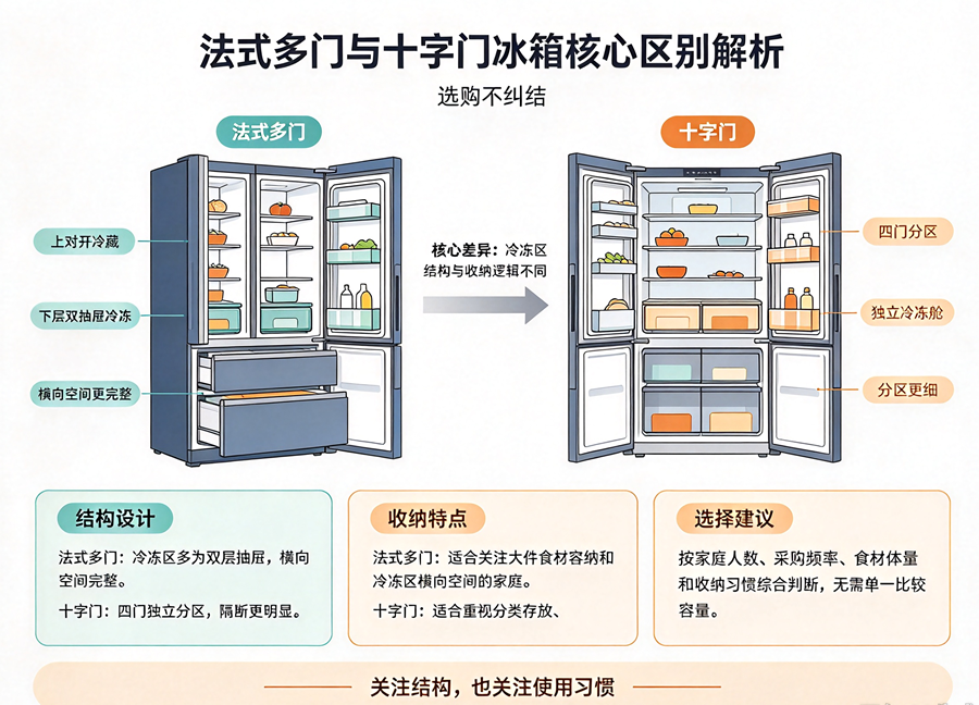 法式多门与十字门冰箱核心区别解析，选购不纠结