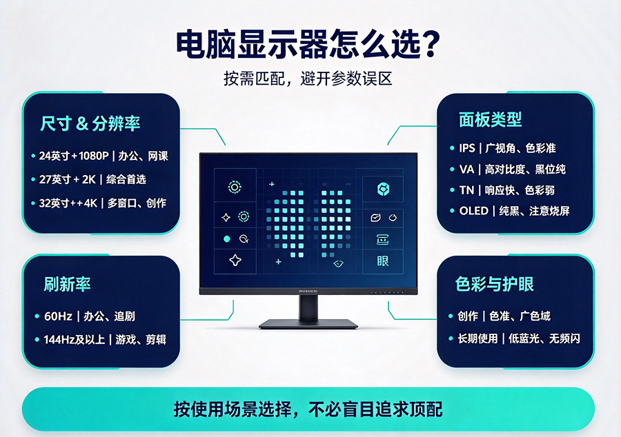 电脑显示器选购指南：按需匹配，避开参数误区